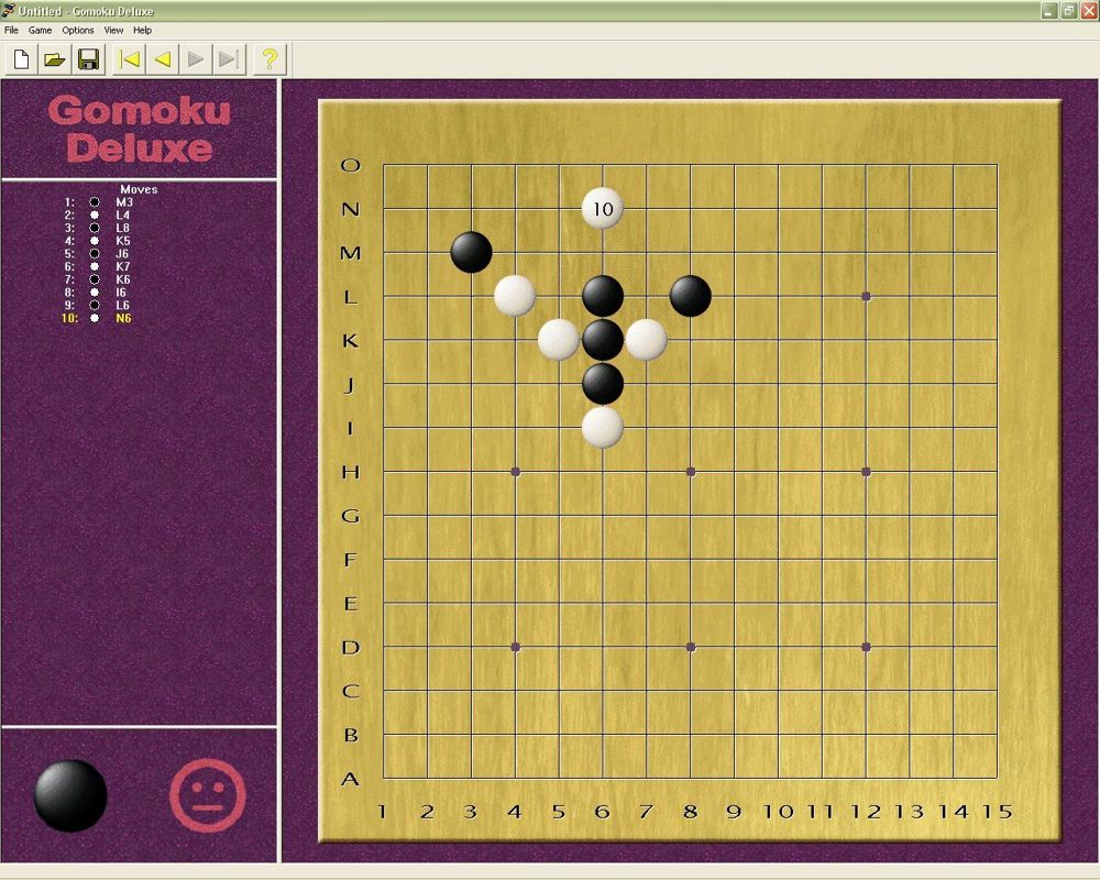 Gomoku Deluxe (Windows) screenshot: A game in progress. The moves made so far are listed on the left. Here only the last played piece is numbered but the player can choose to number all or none of the played pieces.