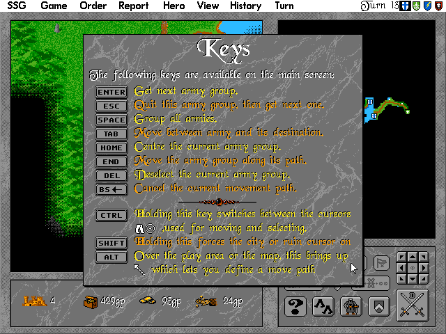 Warlords II (DOS) screenshot: The interface is very user-friendly, with tooltips and keyboard shortcuts.