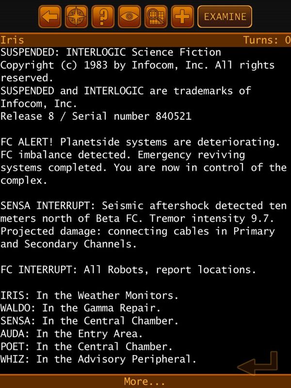Lost Treasures of Infocom (iPad) screenshot: Suspended - game start (port)