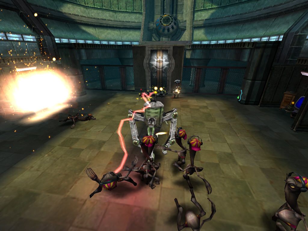 Oddworld: Munch's Oddysee (Windows) screenshot: Remote-controlling a robot and zappin' em good!