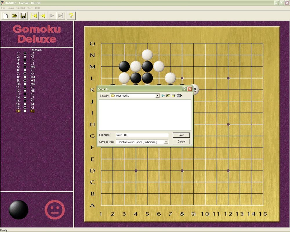 Gomoku Deluxe (Windows) screenshot: This shows the game's Savegame feature. The folder in which the game is being saved was created for this screenshot, the install process does not set up a specific area