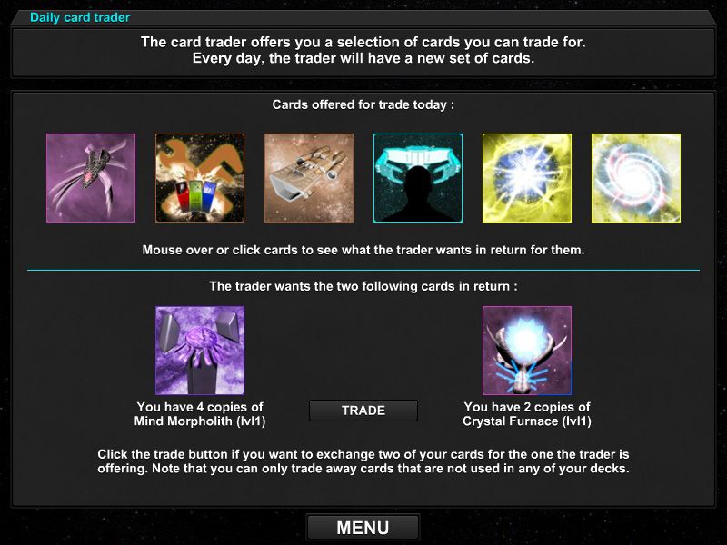 Hidden Dimensions: Xyth (Browser) screenshot: The card trader offers new cards each day for players who want to collect all cards in the game.