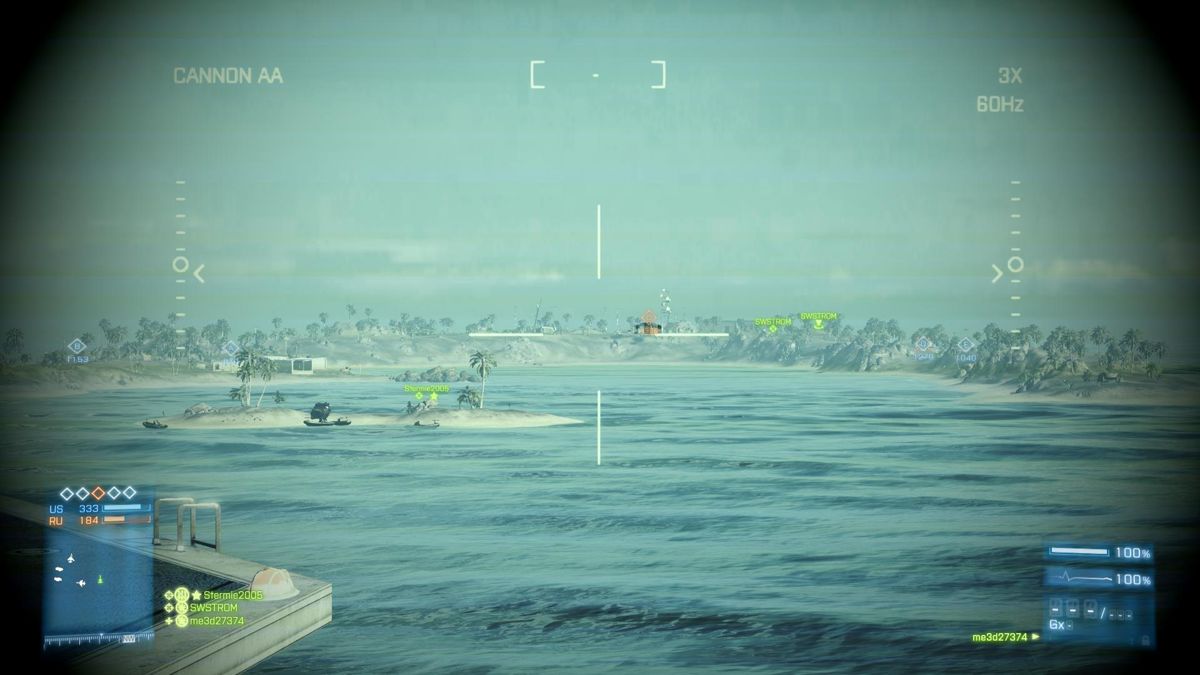 Battlefield 3: Back to Karkand (Windows) screenshot: Aboard carrier in Phalanx AA gun looking at Wake Island in the distance
