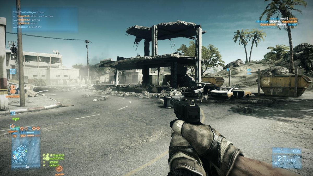Battlefield 3: Back to Karkand (Windows) screenshot: Near US base entrance to Karkand. Most buildings can be destroyed to empty shells