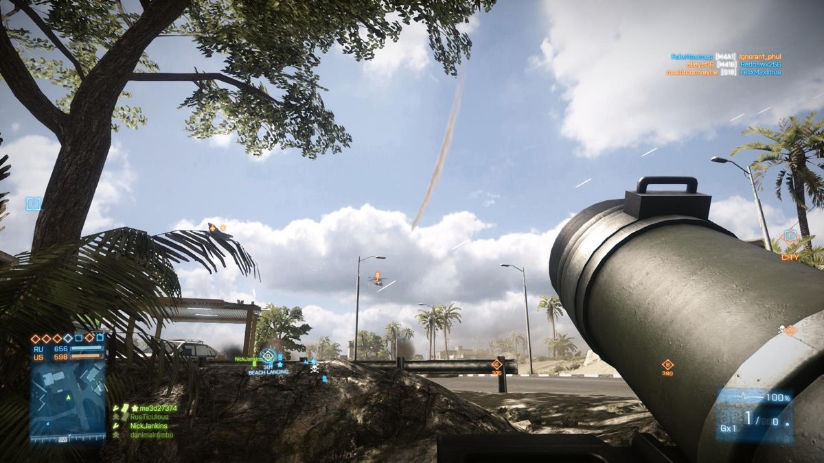 Battlefield 3: Back to Karkand (Windows) screenshot: Javelin shot on chopper smoke trail as missile streaks to the target