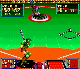 Super Baseball 2020 (SNES) screenshot: The pitcher has a short circuit