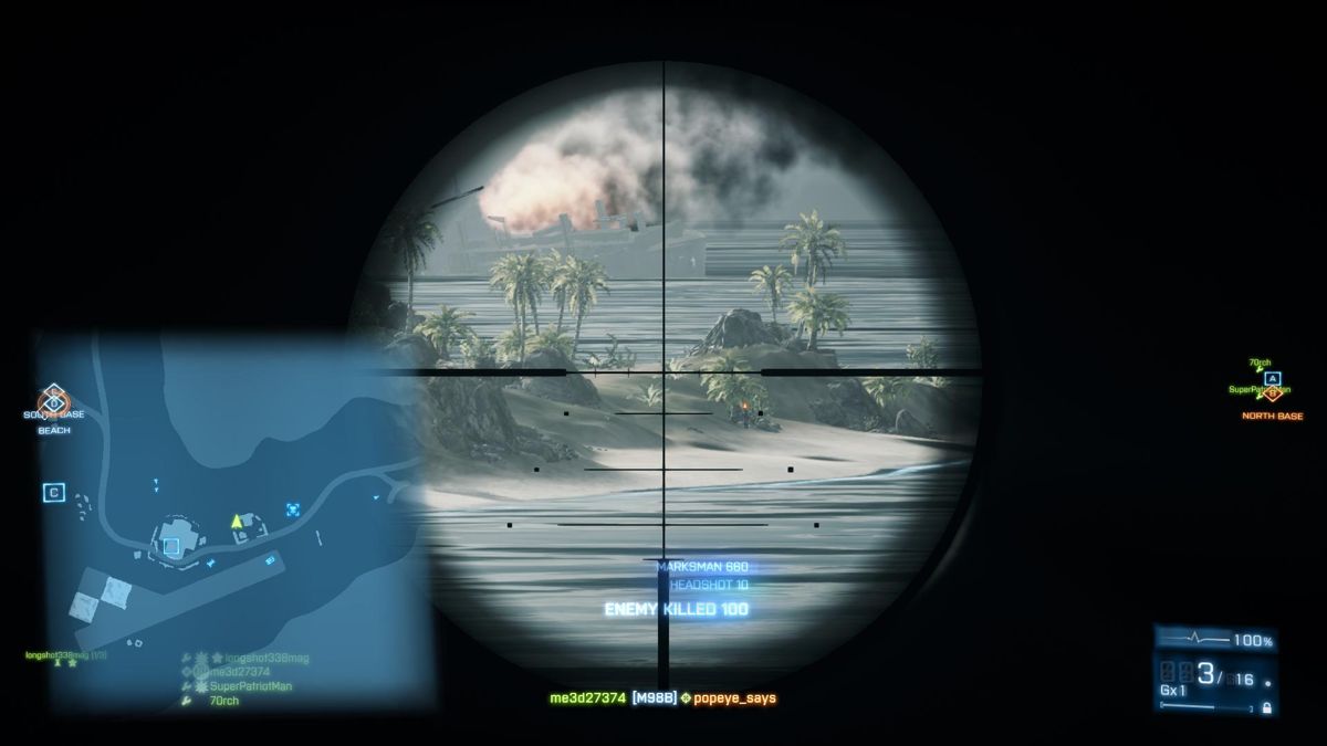 Battlefield 3: Back to Karkand (Windows) screenshot: M98B Sniper Rifle 12x scope with headshot nearly the full length of Wake Island marksman 660 with bullet drop