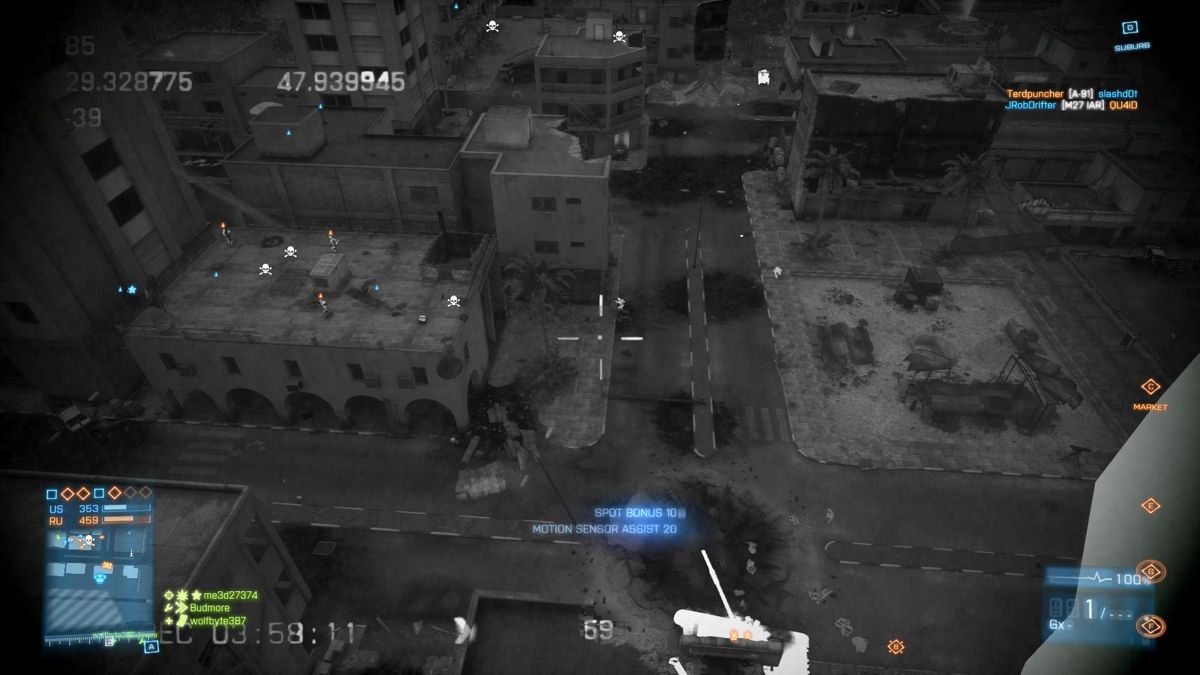 Battlefield 3: Back to Karkand (Windows) screenshot: Using the Recon kit and MAV pointing out targets over Karkand square enemy on the rooftops