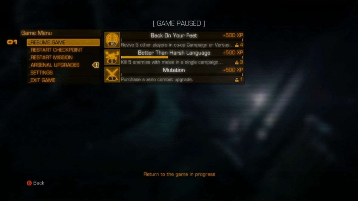 Aliens: Colonial Marines (Xbox 360) screenshot: Challenges menu