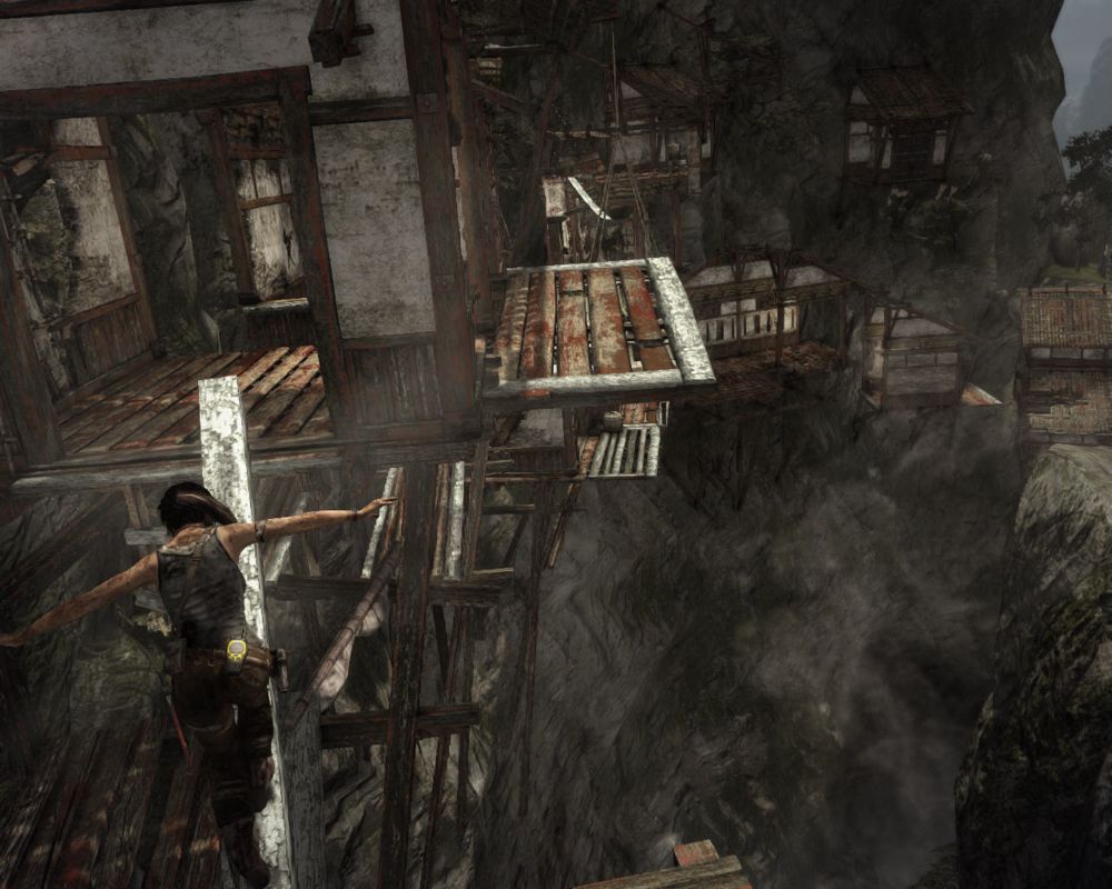 Tomb Raider (Windows) screenshot: Well-timed acrobatics in a mountain village
