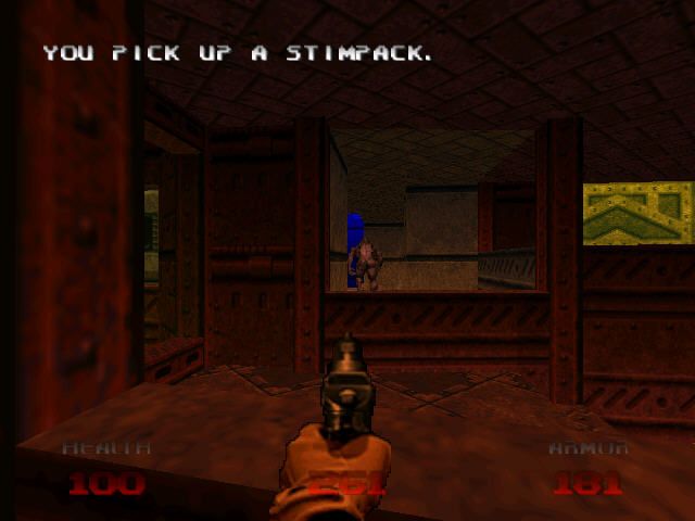 Doom 64 (Nintendo 64) screenshot: Get stimpack and shoot the demon's back