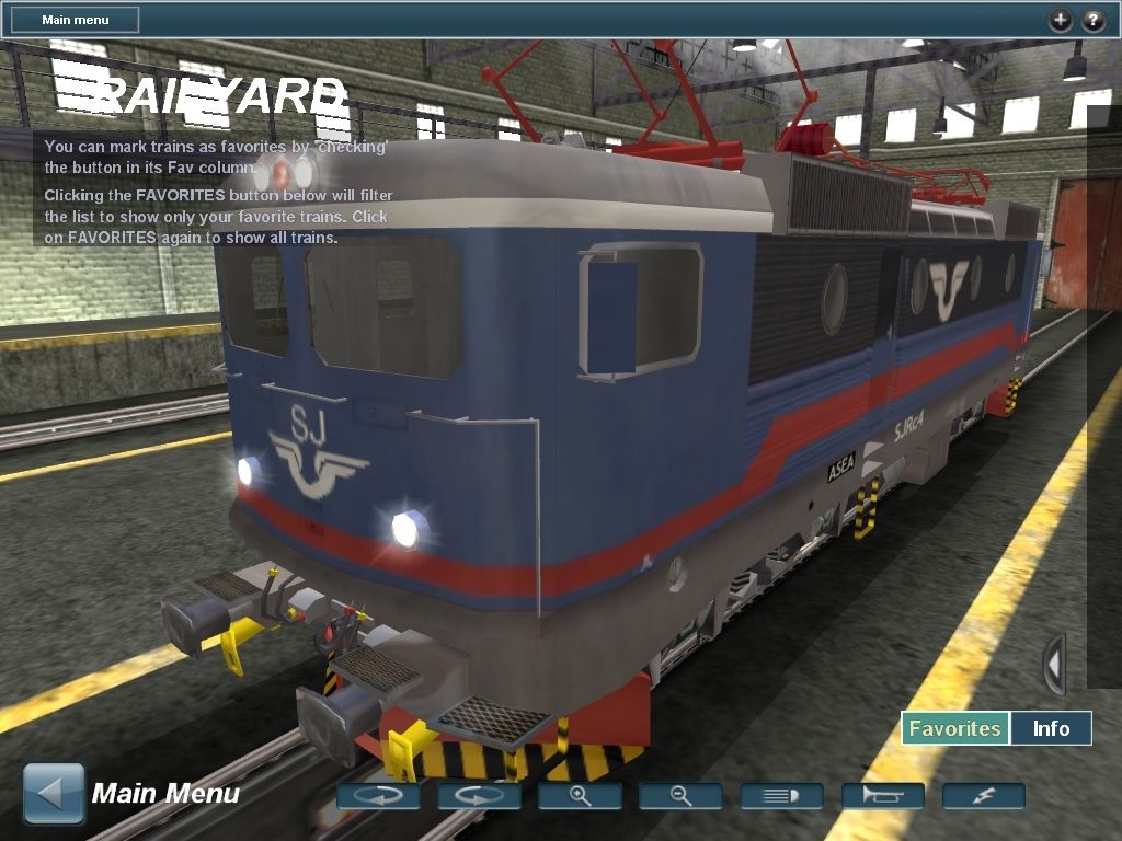 Trainz Simulator 2009: World Builder Edition (Windows) screenshot: The railyard, where you can inspect each engine or wagon in detail. The pantographs, lights and horn can be operated here.