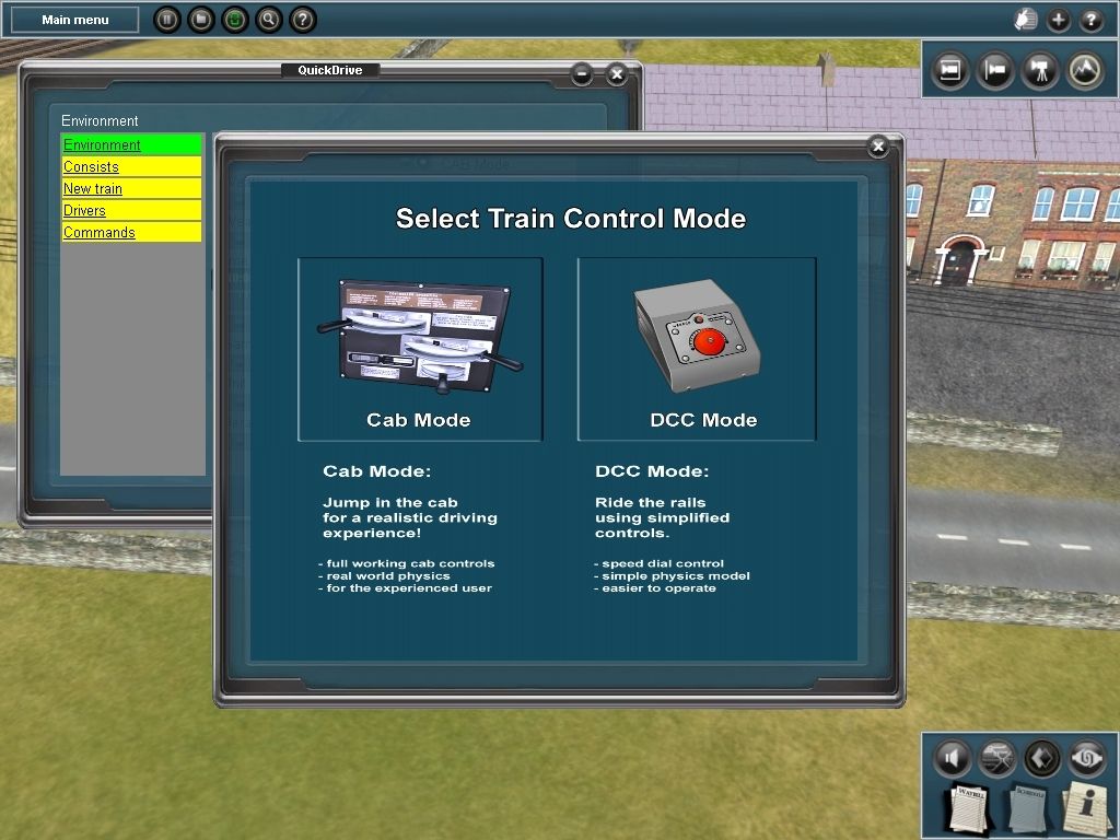 Trainz Simulator 2009: World Builder Edition (Windows) screenshot: Surveyor - Quickdrive When you choose to drive a train, you always get a selection of how realistic the controls should be.