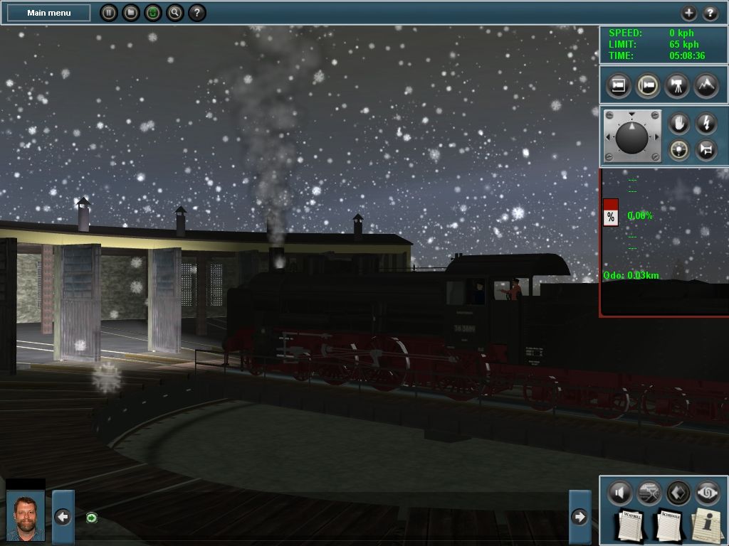 Trainz Simulator 2009: World Builder Edition (Windows) screenshot: We start parked in the 'garage', the engine stalls. Prepare the engine for the trip ahead, drive out and 'fill her up'.