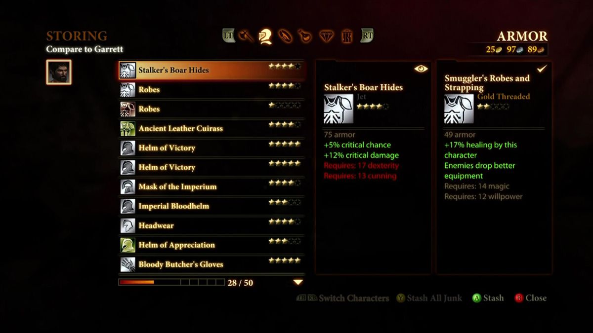 Dragon Age II (Xbox 360) screenshot: Items can be stored in your personal storage for later retrieval