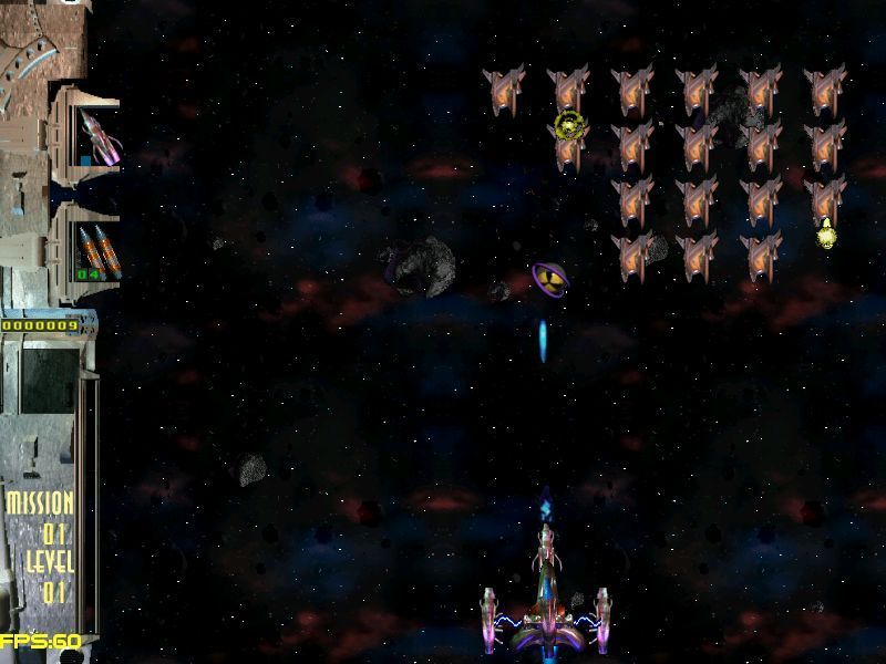 Crusaders of Space (Windows) screenshot: The purple eye-like object falling down the screen is a weapons upgrade. At present the ship has a wimpy blue gun but this will change once the upgrade is captured.
