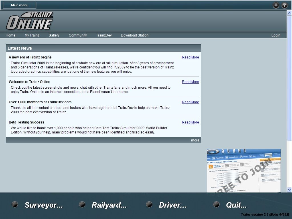 Trainz Simulator 2009: World Builder Edition (Windows) screenshot: Start - submenu Showing online news