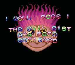 Super Troll Islands (SNES) screenshot: A creepy troll congratulates you on finishing the level.