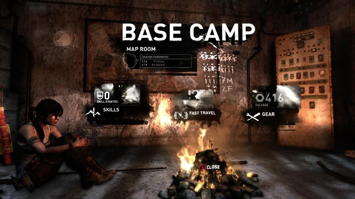 Tomb Raider (Xbox 360) screenshot: You rest at a campfire, where you can level your skill tree, upgrade weapons or use fast travel.