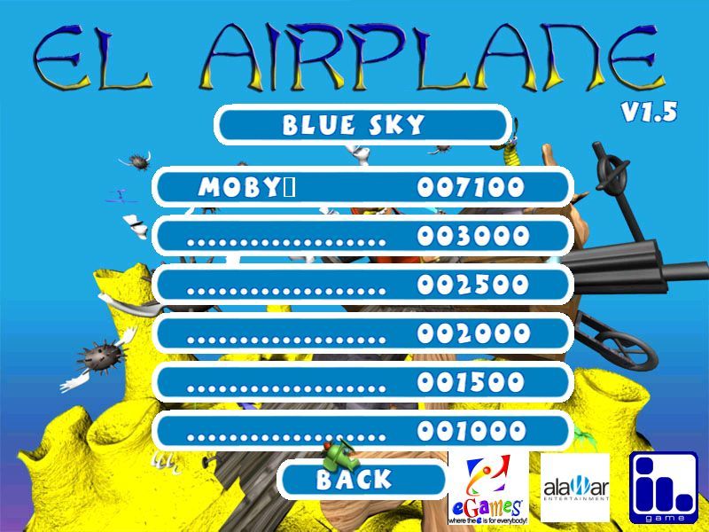 El Airplane (Windows) screenshot: The player failed to complete the second level but they do get onto the high score table for the level they did complete