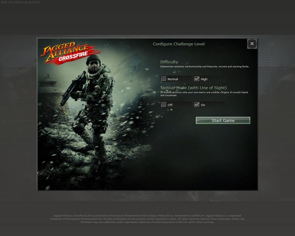 Jagged Alliance: Crossfire (Windows) screenshot: Starting a new game - Line of sight option previously not available in the initial Jagged Alliance: Back in Action release.