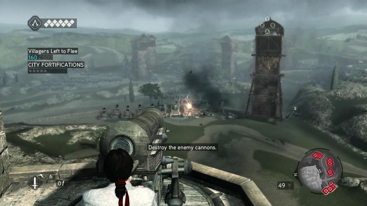 Assassin's Creed: Brotherhood (Xbox 360) screenshot: Firing a stationary cannon to fend off an attack