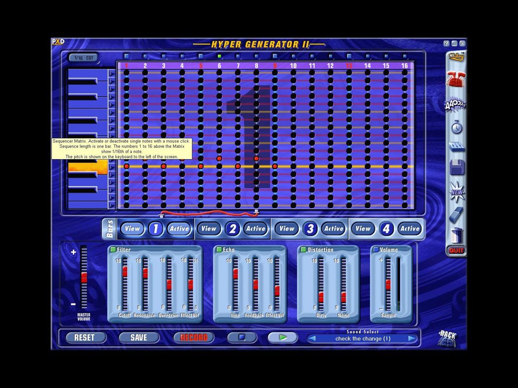 Dance eJay 2: Techno Edition (Windows) screenshot: The "Hyper Generator II". Here players build their own sounds and effects note by note.