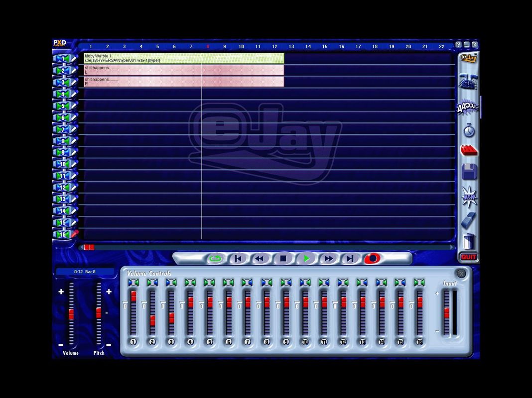 Dance eJay 2: Techno Edition (Windows) screenshot: This screen shows how left & right channel samples can be applied. It also shows the controls for setting the volume of each individual track in the composition.