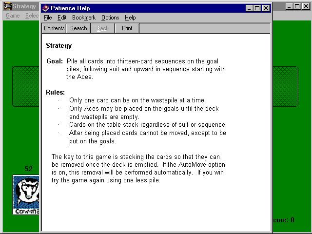Infinite Patience (Windows 3.x) screenshot: Version 1.3. The game has a comprehensive help file which explains the rules for each game. It opens in a new window which overwrites the game screen