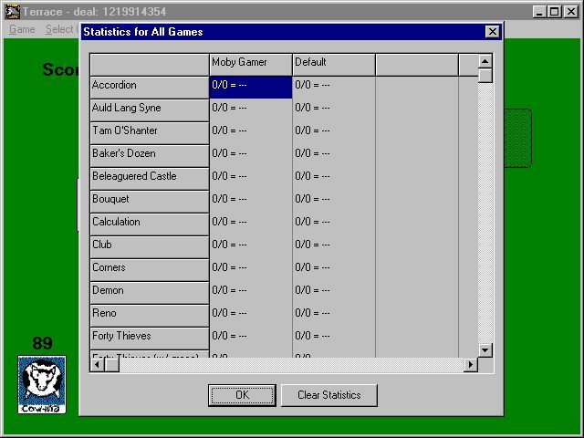 Infinite Patience (Windows) screenshot: Version 2.3. The game keeps statistics for each game. These can be displayed for individual games and for all games as shown here.