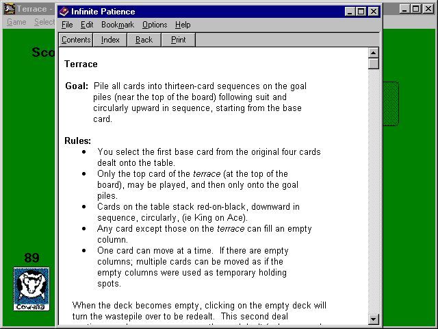 Infinite Patience (Windows) screenshot: Version 2.3. The game has a comprehensive help file which explains the rules for each game. It opens in a new window which overwrites the game screen