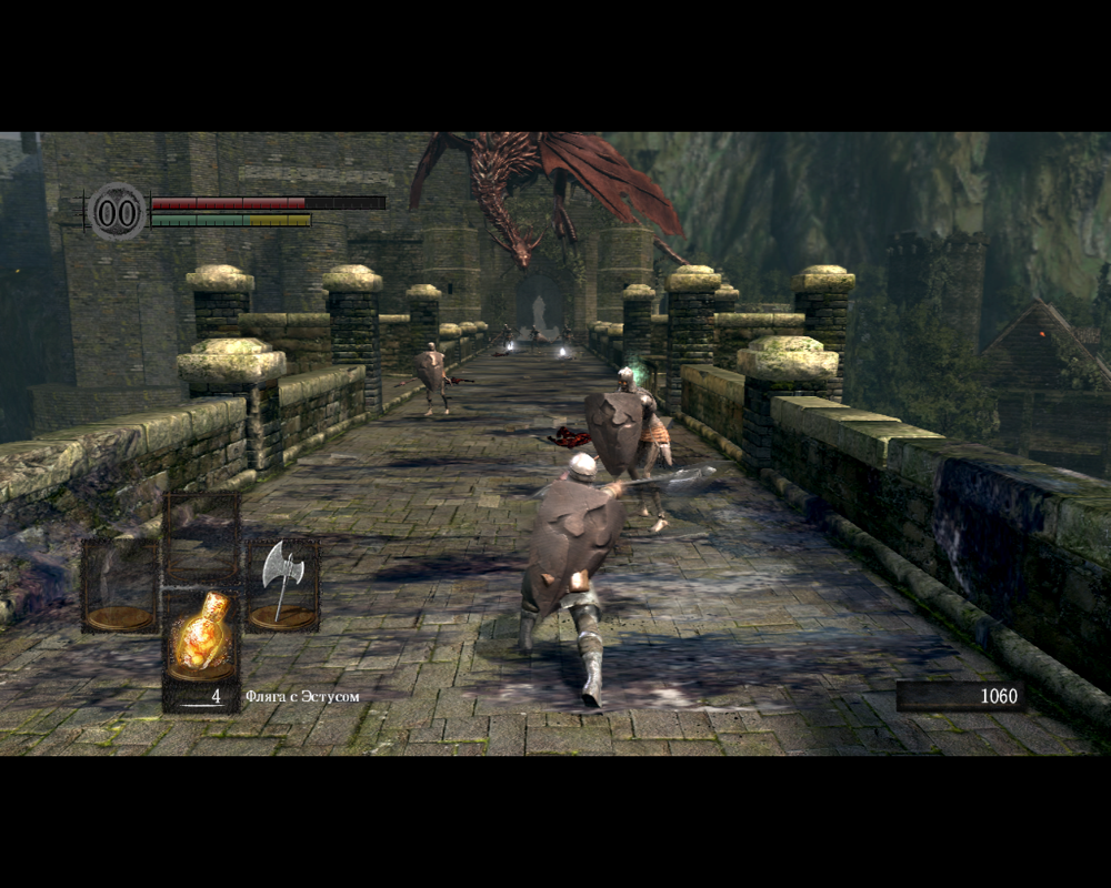 Dark Souls: Prepare to Die Edition (Windows) screenshot: The dragon on a bridge - a place of terror for many newbie players. Note the green glowing sphere behind the right undead soldier - it's where I died last time, I need to get those souls back