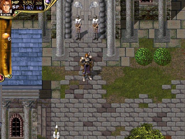 Corum III: Chaotic Magic (Windows) screenshot: Temple entrance. You can't go in because the priest is busy. Figures