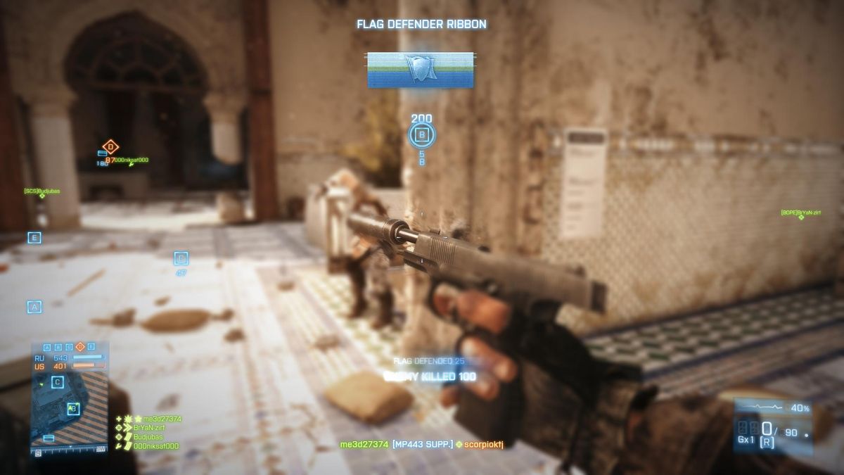 Battlefield 3: Aftermath (Windows) screenshot: The last bullet from my MP443 kills the attacker coming up the stairs and I get Flag Defender Ribbon