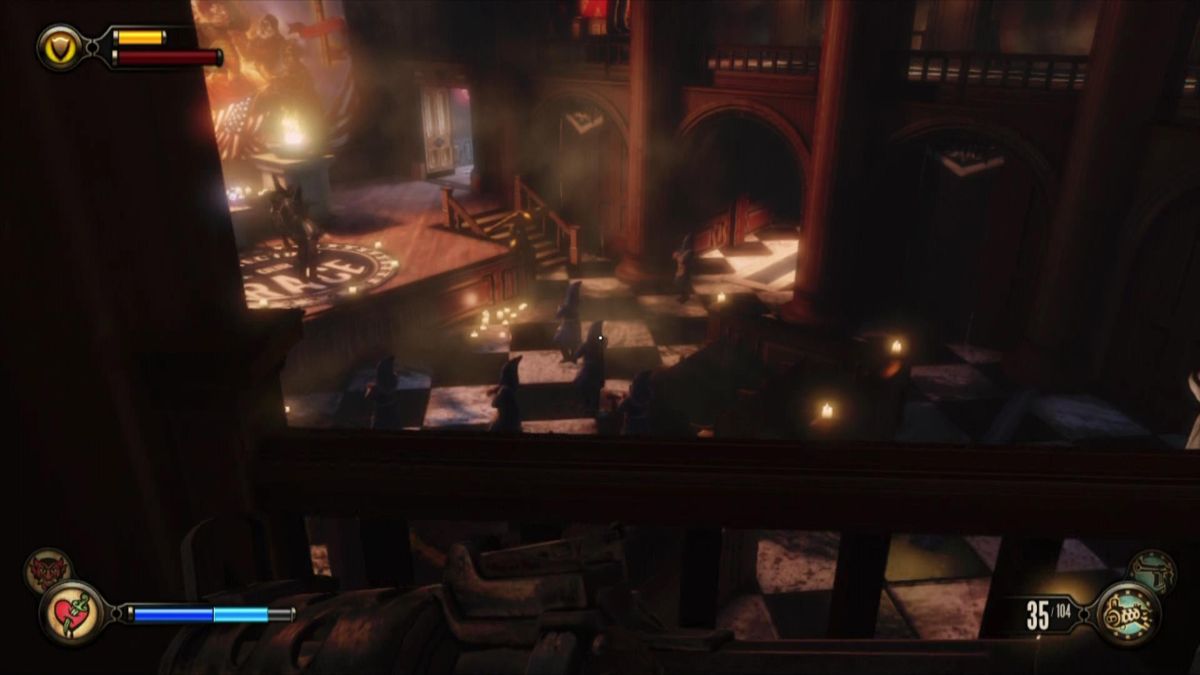 BioShock Infinite (Xbox 360) screenshot: Watch a very weird meeting with hooded figures