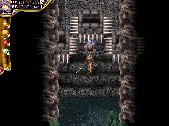 Corum III: Chaotic Magic (Windows) screenshot: Dungeons may contain traps. Carefully navigate Ishuria through those spikes. Summon water elemental for healing spells