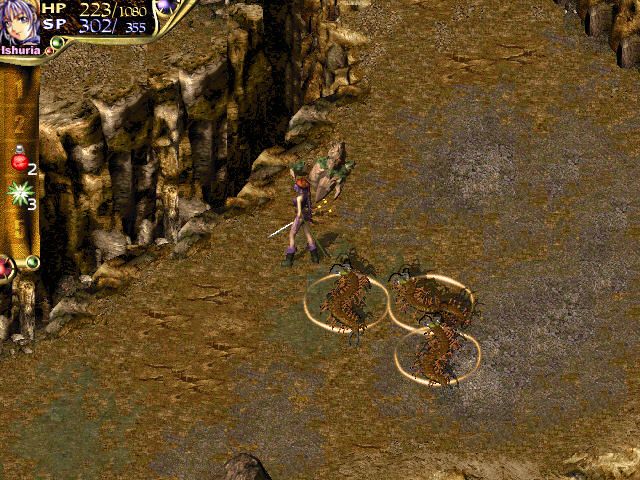 Corum III: Chaotic Magic (Windows) screenshot: Mountain pass. Ishuria casts a second-tier rock magic: containing enemies within circles