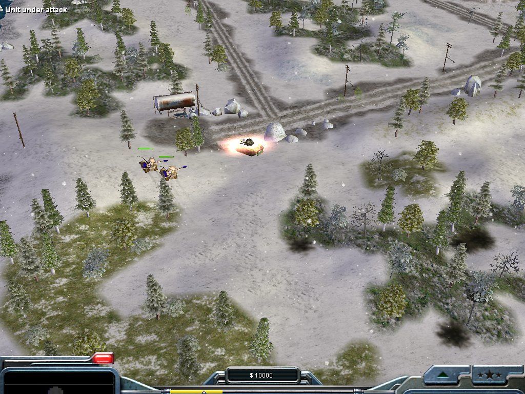 Command & Conquer: Generals - Zero:Hour (Windows) screenshot: 2 Sentry Drones taking out a GLA Scorpion tank