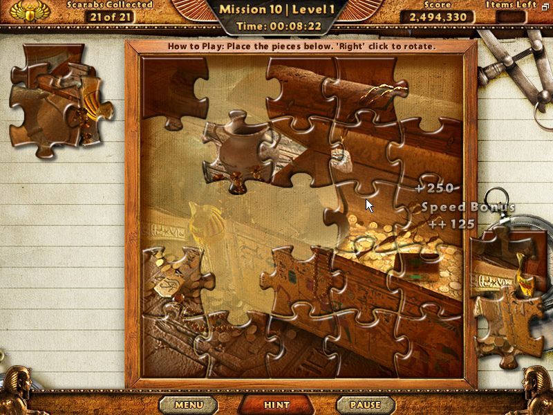 Amazing Adventures: The Lost Tomb (Windows) screenshot: The player can score speed bonuses by correctly placing jigsaw pieces on the board id rapid succession
