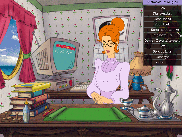 Leisure Suit Larry: Love for Sail! (DOS) screenshot: Victorian Principles is a tough lady to crack. Extended conversation topics