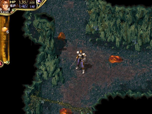 Corum III: Chaotic Magic (Windows) screenshot: A cave with a nice illumination and seemingly cute orange guys
