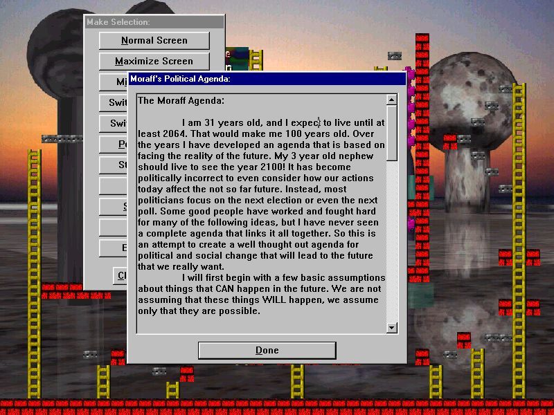 Moraff's Escapade (Windows) screenshot: The game contains the developer's political agenda.