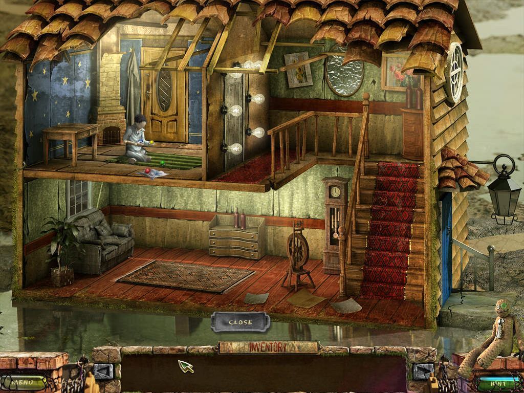 Stray Souls: Dollhouse Story (Windows) screenshot: This is the dollhouse that's referred to in the game's name. As Danielle finds dolls she puts them into the house triggering a cut scene, advancing the story, and getting inventory items.