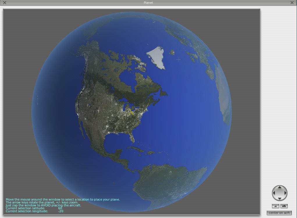 X-Plane 10: Regional Edition - North America (Windows) screenshot: The Planet View shows you where you are on the globe