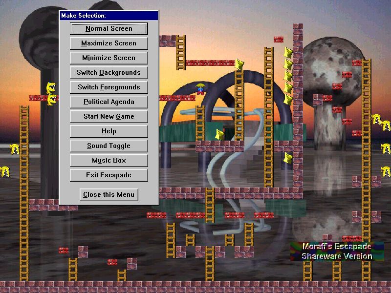 Moraff's Escapade (Windows) screenshot: The game's menu is brought up in a separate window by clicking the mouse in the game area.