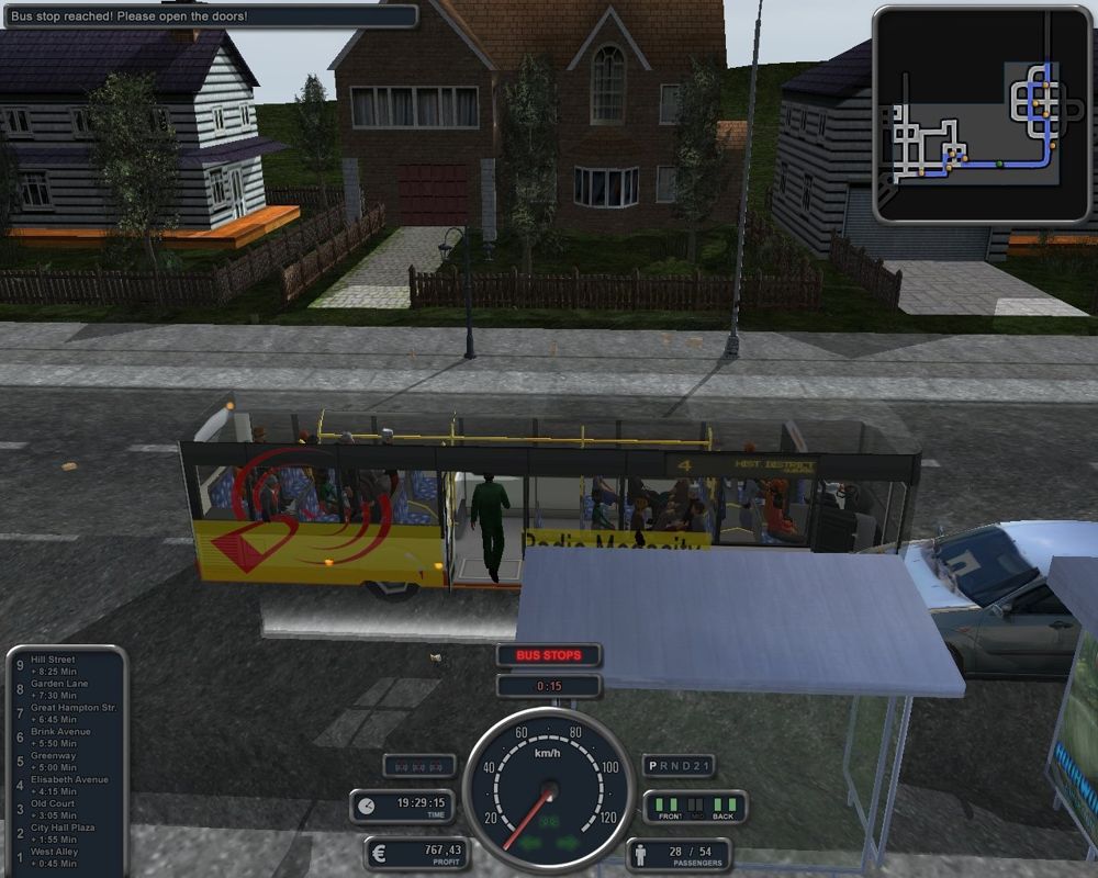 Bus Simulator (Windows) screenshot: A car drives through the bus at a stop. These AI lapses beyond your control can instantly end your game.