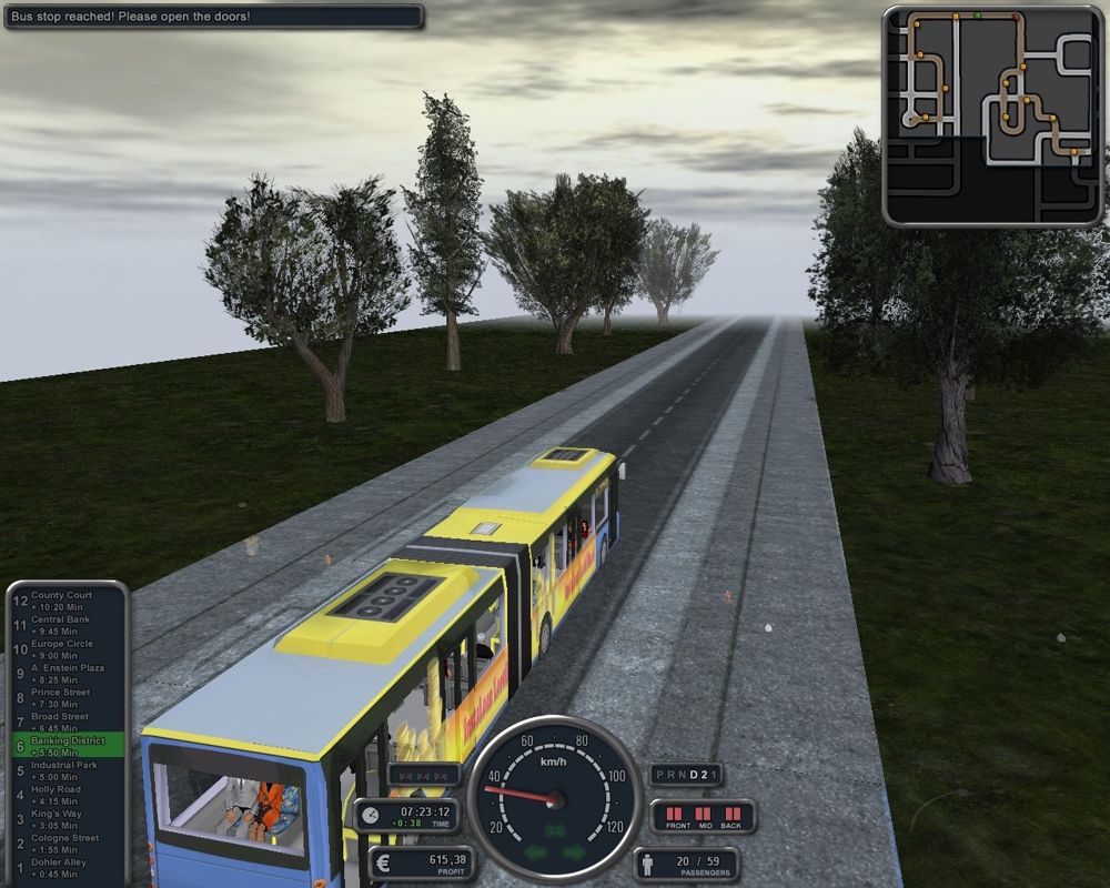 Bus Simulator (Windows) screenshot: The connections between the city's districts are essentially straight roads through nothing.