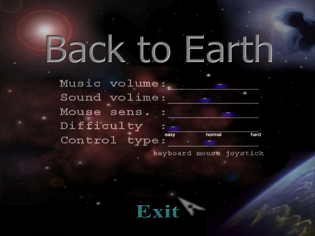 Back to Earth (Windows) screenshot: The game configuration options allow a choice of controller and difficulty level