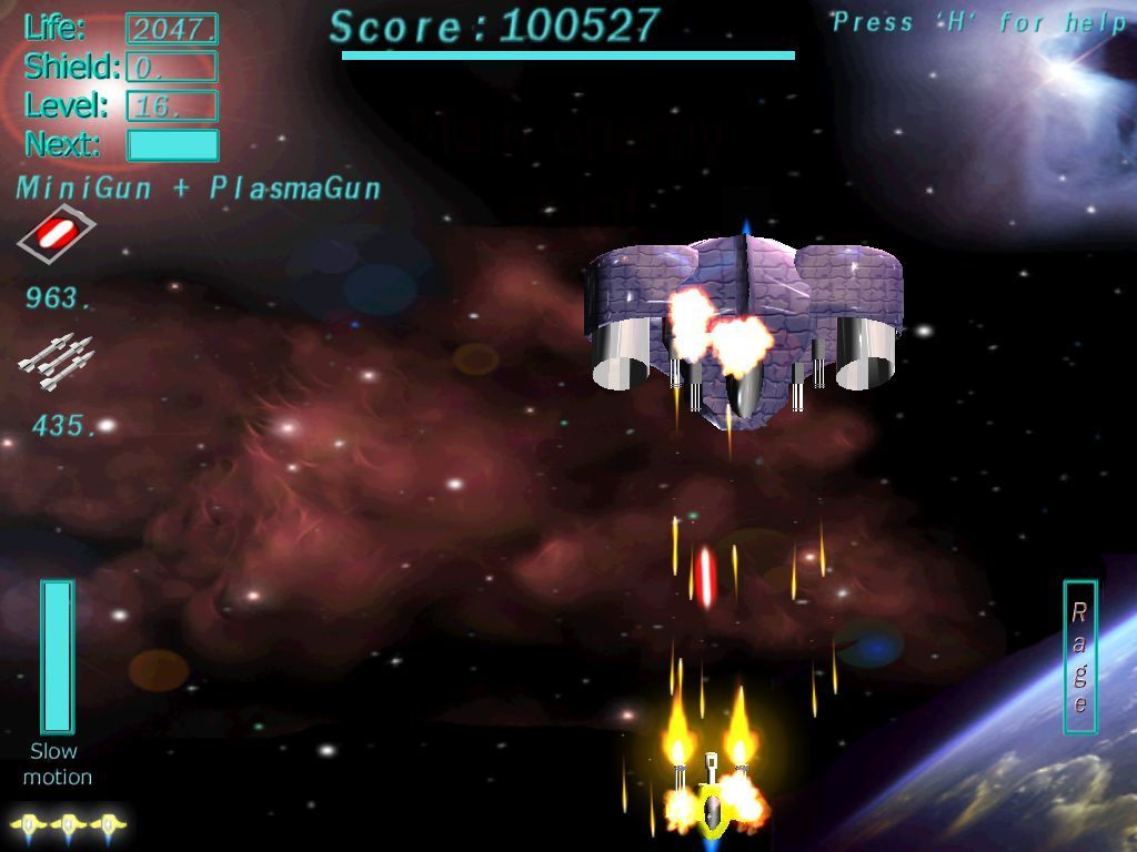 Back to Earth (Windows) screenshot: The fourth boss occurs at around level seventeen. The blue bar above it shows it's 'health'