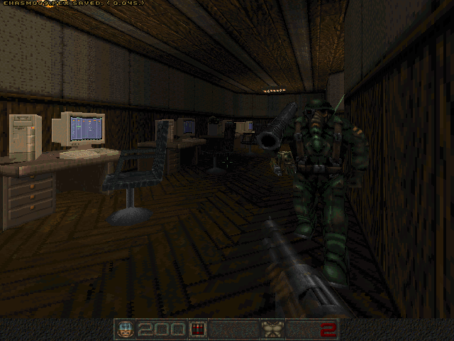 Chasm: The Rift (DOS) screenshot: The nostalgic retro looking PCs in the military base have Norton Commander installed. Or is it Volkov Commander?